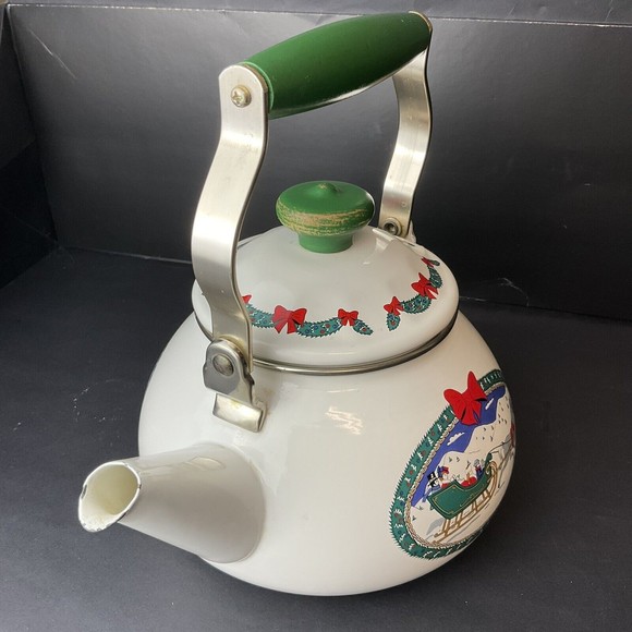 Vintage Mervyn's Porcelain on Steel Holiday Tradition Tea Kettle Winter Sleigh - Picture 4 of 13